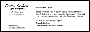 Traueranzeige von Erika Geiken von Ostfriesischer Kurier