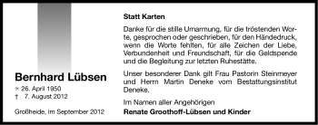 Traueranzeige von Bernhard Lübsen von Ostfriesischer Kurier