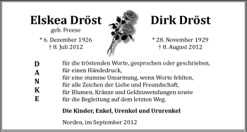 Traueranzeige von Elskea Dröst von Ostfriesischer Kurier
