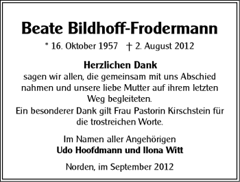 Traueranzeige von Beate Bildhoff-Frodermann von Ostfriesischer Kurier