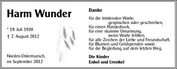 Traueranzeige von Harm Wunder von Ostfriesischer Kurier
