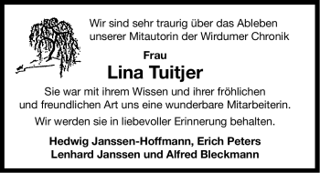 Traueranzeige von Lina Tuitjer von Ostfriesischer Kurier