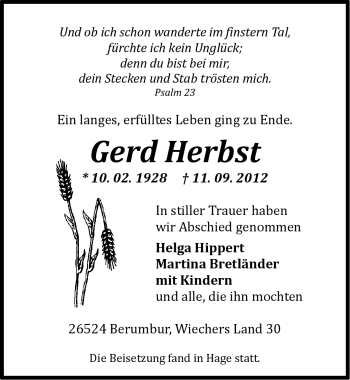 Traueranzeige von Gerd Herbst von Ostfriesischer Kurier