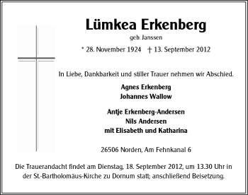 Traueranzeige von Lümkea Erkenberg von Ostfriesischer Kurier