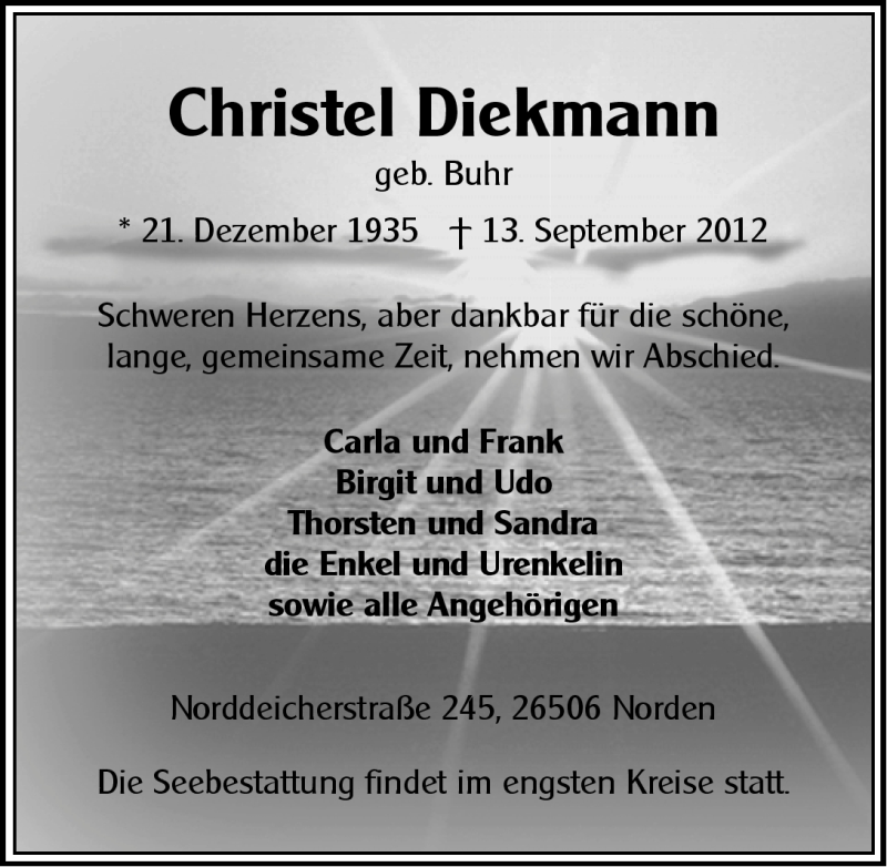  Traueranzeige für Christel Diekmann vom 15.09.2012 aus Ostfriesischer Kurier