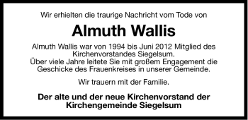 Traueranzeige von Almuth Wallis von Ostfriesischer Kurier