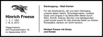 Traueranzeige von Hinrich Freese von Ostfriesischer Kurier