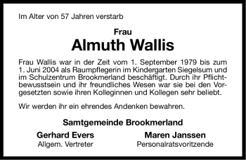 Traueranzeige von Almuth Wallis von Ostfriesischer Kurier
