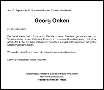 Traueranzeige von Georg Onken von Ostfriesischer Kurier