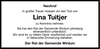 Traueranzeige von Lina Tuitjer von Ostfriesischer Kurier
