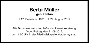 Traueranzeige von Berta Müller von Ostfriesischer Kurier