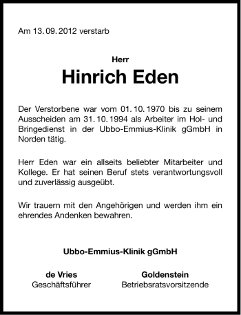 Traueranzeige von Hinrich Eden von Ostfriesischer Kurier