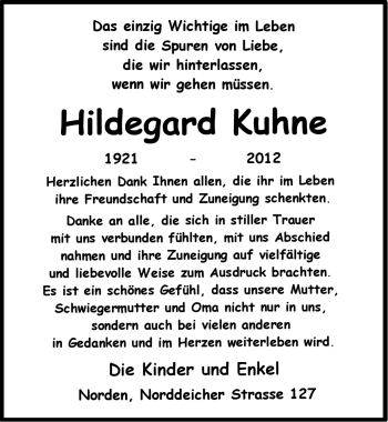 Traueranzeige von Hildegard Kuhne von Ostfriesischer Kurier
