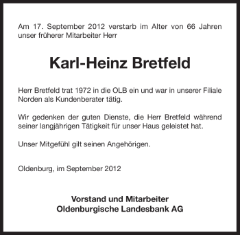 Traueranzeige von Karl-Heinz Bretfeld von Ostfriesischer Kurier
