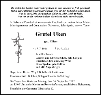 Traueranzeige von Gretel Uken von Ostfriesischer Kurier