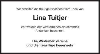 Traueranzeige von Lina Tuitjer von Ostfriesischer Kurier