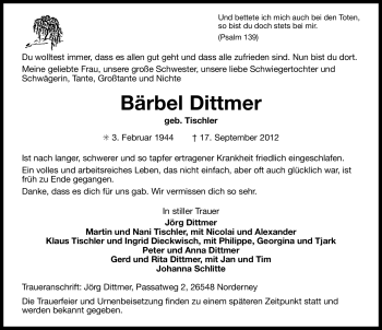 Traueranzeige von Bärbel Dittmer von Ostfriesischer Kurier