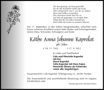 Traueranzeige von Käthe Anna Johanne Kaprolat von Ostfriesischer Kurier