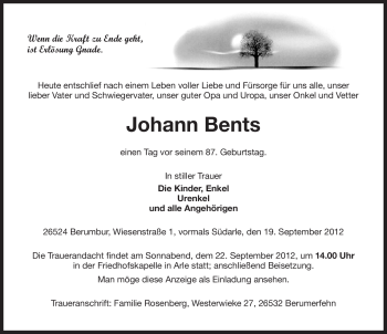 Traueranzeige von Johann Bents von Ostfriesischer Kurier