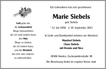 Traueranzeige von Marie Siebels von Ostfriesischer Kurier