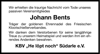 Traueranzeige von Johann Bents von Ostfriesischer Kurier