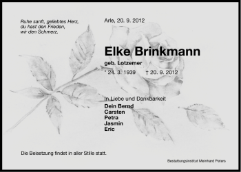 Traueranzeige von Elke Brinkmann von Ostfriesischer Kurier