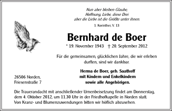 Traueranzeige von Bernhard de Boer von Ostfriesischer Kurier