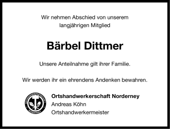 Traueranzeige von Bärbel Dittmer von Ostfriesischer Kurier