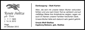 Traueranzeige von Renate Stalitza von Ostfriesischer Kurier