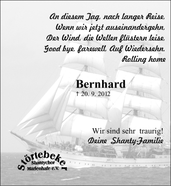 Traueranzeige von Bernhard de Boer von Ostfriesischer Kurier