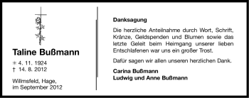 Traueranzeige von Taline Bußmann von Ostfriesischer Kurier
