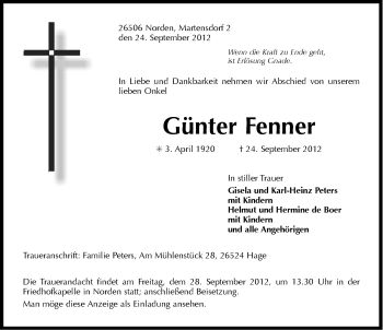 Traueranzeige von Günter Fenner von Ostfriesischer Kurier