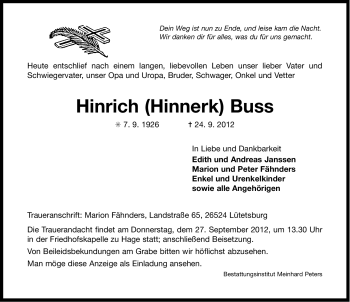 Traueranzeige von Hinrich (Hinnerk) Buss von Ostfriesischer Kurier