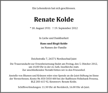 Traueranzeige von Renate Kolde von Ostfriesischer Kurier