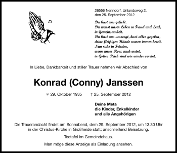 Traueranzeige von Konrad  Janssen von Ostfriesischer Kurier