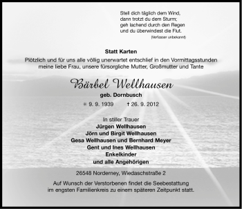 Traueranzeige von Bärbel Wellhausen von Ostfriesischer Kurier
