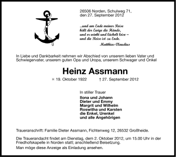 Traueranzeige von Heinz Assmann von Ostfriesischer Kurier