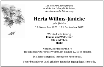 Traueranzeige von Herta WillmsJänicke von Ostfriesischer Kurier