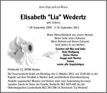 Traueranzeige von Elisabeth Wedertz von Ostfriesischer Kurier