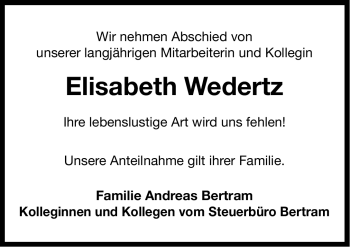 Traueranzeige von Elisabeth Wedertz von Ostfriesischer Kurier
