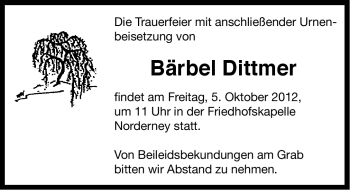 Traueranzeige von Bärbel Dittmer von Ostfriesischer Kurier