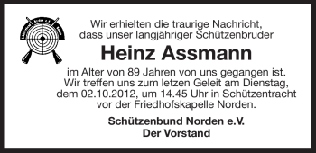 Traueranzeige von Heinz Assmann von Ostfriesischer Kurier