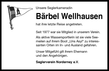 Traueranzeige von Bärbel Wellhausen von Ostfriesischer Kurier