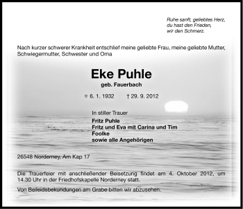 Traueranzeige von Eke Puhle von Ostfriesischer Kurier