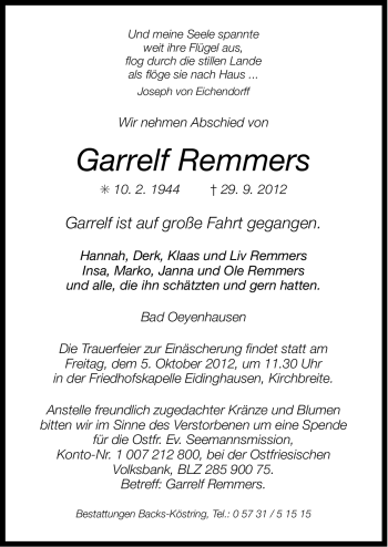 Traueranzeige von Garrelf Remmers von Ostfriesischer Kurier
