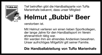 Traueranzeige von Helmut Beer von Ostfriesischer Kurier