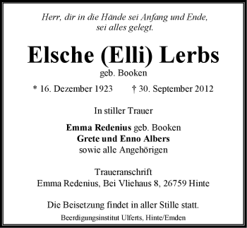 Traueranzeige von Elsche Lerbs von Ostfriesischer Kurier