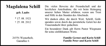 Traueranzeige von Magdalena Schill von Ostfriesischer Kurier