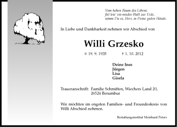 Traueranzeige von Willi Grzesko von Ostfriesischer Kurier
