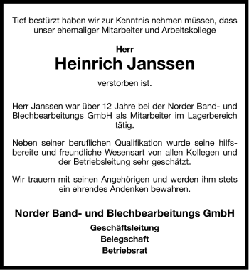 Traueranzeige von Heinrich Janssen von Ostfriesischer Kurier